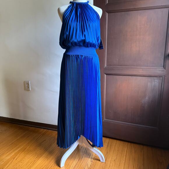 BOSTON PROPER | Blue Pleated Charmeuse HIgh Neck Midi Dress | Medium - Picture 2 of 7
